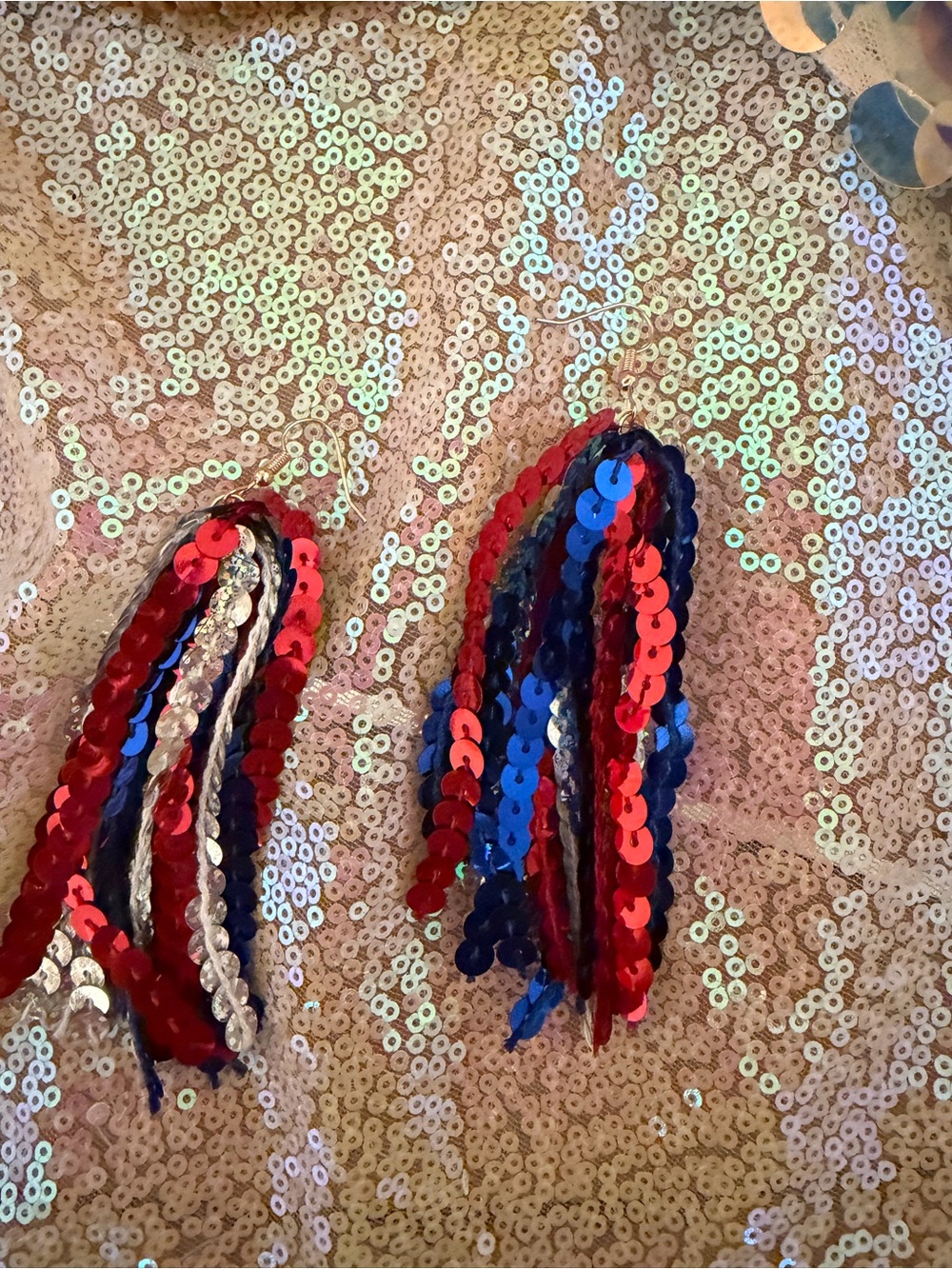 Sequin Tassel Earrings - Red, Blue & Silver